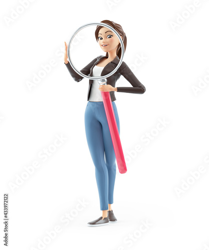Fototapeta Naklejka Na Ścianę i Meble -  3d cartoon woman holding big magnifying glass