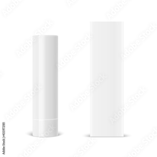 Vector Realistic 3d White Blank Closed Lip Balm Stick, Hygienic Lipstick and Carton Packing Set Isolated. Design Template for Graphics, Vector Mockup. Cosmetic, Beauty, Makeup Concept. Front View