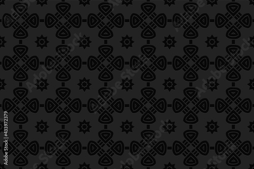 3D volumetric convex embossed geometric black background. Ethnic pattern in doodling style, Aztec motives.
Decorative national ornament for wallpaper, website, textile, presentation.
