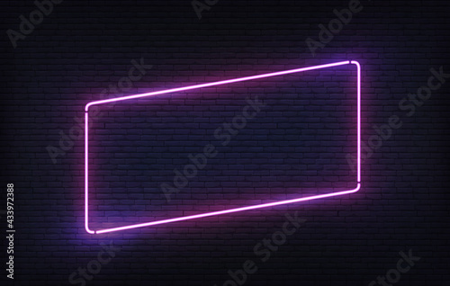Neon frame. Purple incline light banner design template. Vector glowing rectangle signboard