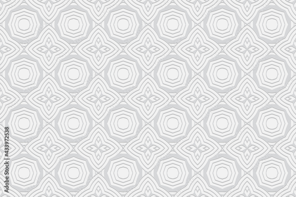 3D volumetric convex embossed geometric white background. Ethnic pattern in the style of doodling, based on the peoples of the East and Asia.
Beautiful fashionable ornament for wallpaper, website. 3D volumetric convex embossed geometric white background. Ethnic pattern in the style of doodling, based on the peoples of the East and Asia.
Beautiful fashionable ornament for wallpaper, website.