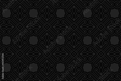 3D volumetric convex embossed geometric black background. Ethnic pattern in the style of doodling, based on the peoples of the East and Asia. Beautiful ornament for wallpaper, website, textile.