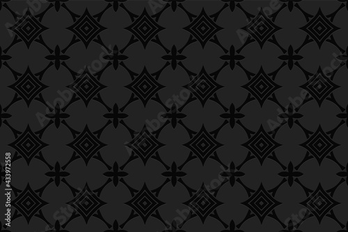3D volumetric convex embossed geometric black background. Ethnic pattern in the style of doodling, based on the peoples of the East and Asia.
Beautiful graceful ornament for wallpaper, website.