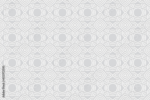 3D volumetric convex embossed geometric white background. Ethnic pattern in the style of doodling, based on the peoples of the East and Asia.
Sleek modern ornament for wallpaper, website, textile.