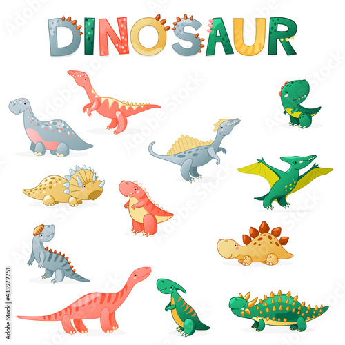 Fototapeta Naklejka Na Ścianę i Meble -  Cute cartoon dinosaur set. Funny dino characters for kids design. Vector illustration isolated on white background.