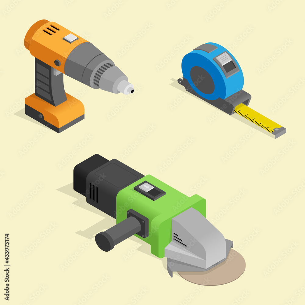 A set of isometric construction tools. Screwdriver, steel tape, angle grinder. A set of isometric construction tools. Screwdriver, steel tape, angle grinder.