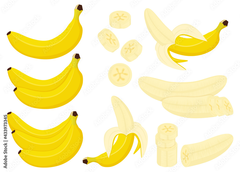 Banana set. Whole, half and peeled banana, bunch of bananas and slices of banana isolated on white background, flat cartoon style, vector