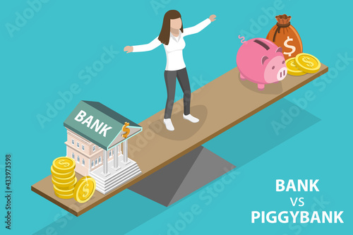 3D Isometric Flat Vector Conceptual Illustration of Choosing Between Bank Accont and Piggybank
