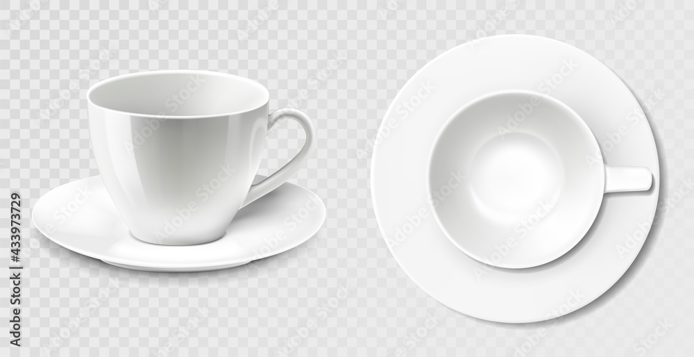 Set of 3D realistic white coffee mugs or cups, with a saucer, isolated on a white background. Vector templates for Mock Up. Vector illustration Set of 3D realistic white coffee mugs or cups, with a saucer, isolated on a white background. Vector templates for Mock Up. Vector illustration