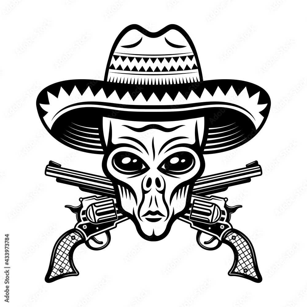 Alien head in sombrero and crossed guns vector illustration in monochrome style isolated on white background Alien head in sombrero and crossed guns vector illustration in monochrome style isolated on white background