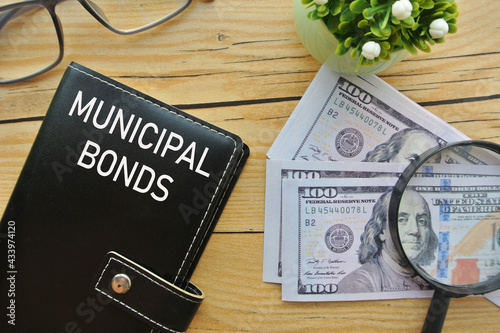 Selective focus of bank note, flower, spectacle, magnifying glasses, and notebook title with MUNICPAL BONDS. photo