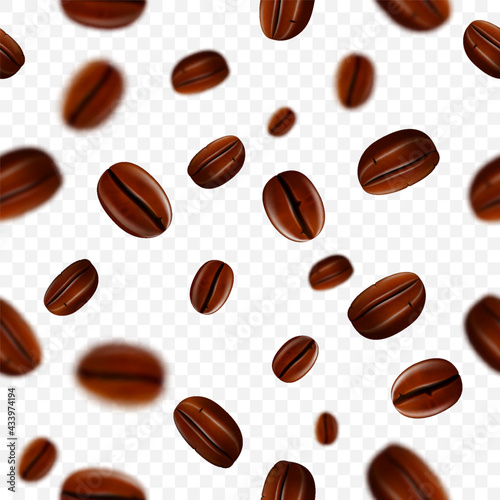 Flying coffee beans background. Seamless realistic brightly flying coffee beans with blur effect. 3d realistic illustration. Transparent background. Vector illustration.