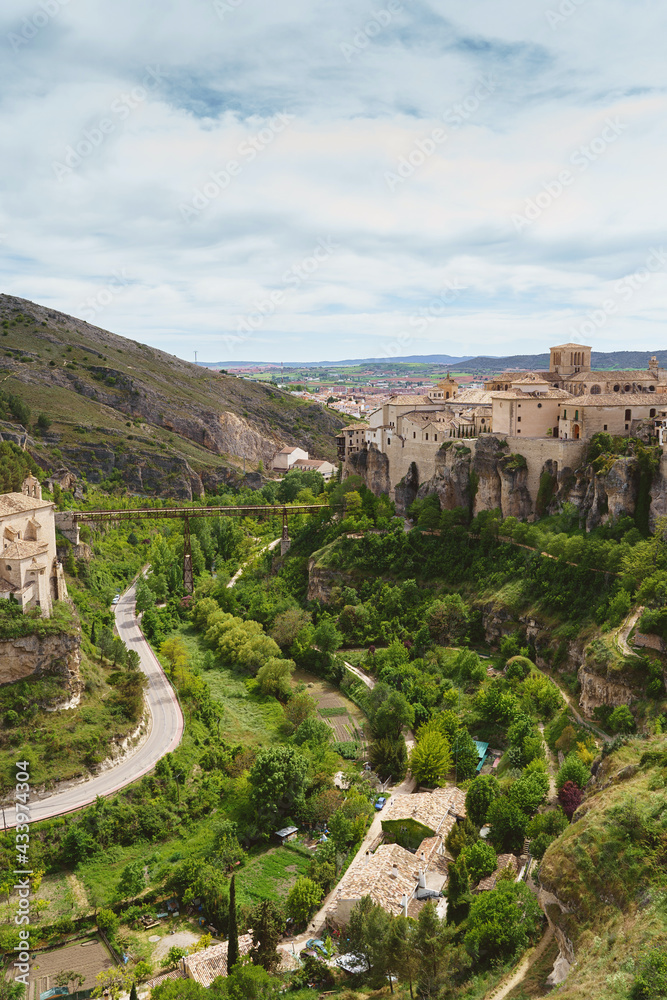Vertical panoramic view of the european ancient city of Cuenca in Spain. Landscape and travel holidays concept outdoors in Europe.