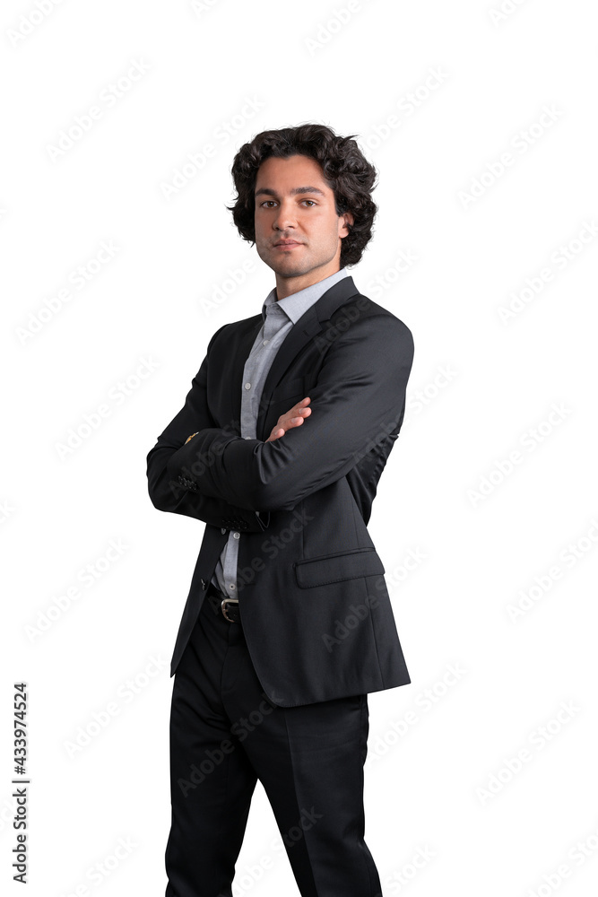 Side view of handsome businessman standing with arms crossed pose, confident look. Isolated over white background. Concept of CEO and opinion leader Side view of handsome businessman standing with arms crossed pose, confident look. Isolated over white background. Concept of CEO and opinion leader