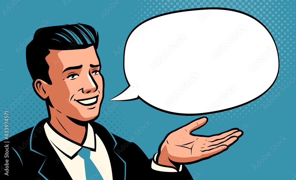 Businessman reports a profitable offer. Business concept pop art retro style Businessman reports a profitable offer. Business concept pop art retro style