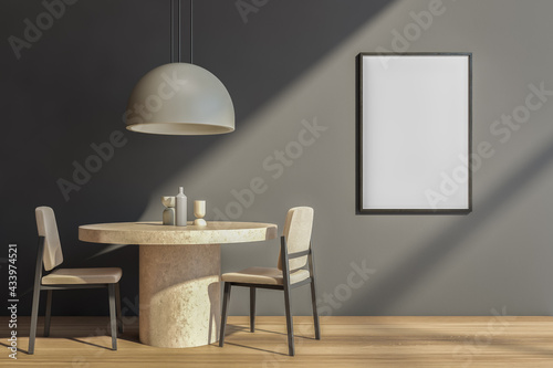 Beige eating room interior with chairs and table, big lamp and mockup poster