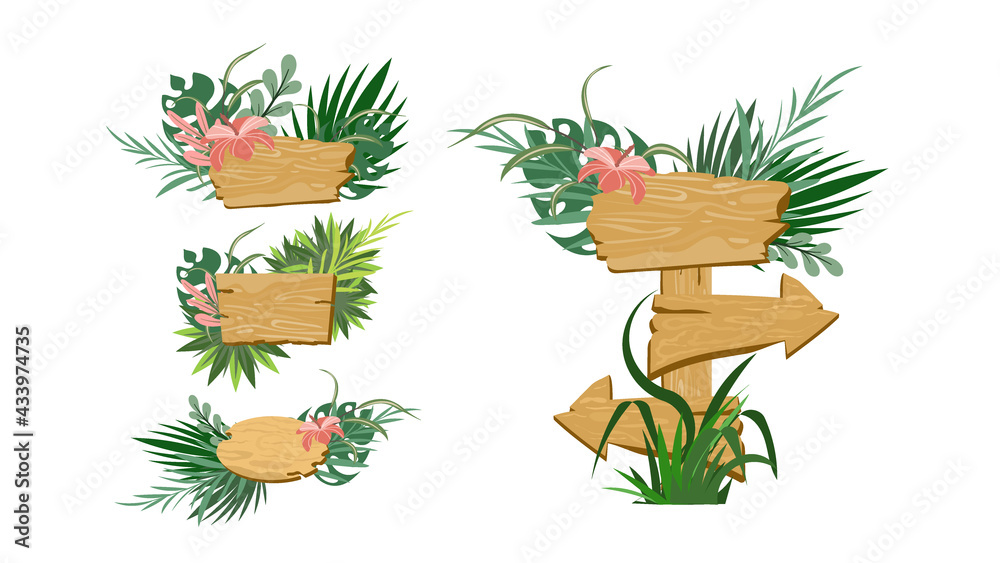 Obraz premium Set of wooden banners with leaves and flowers , isolated on white background. Vector Illustration EPS 10
