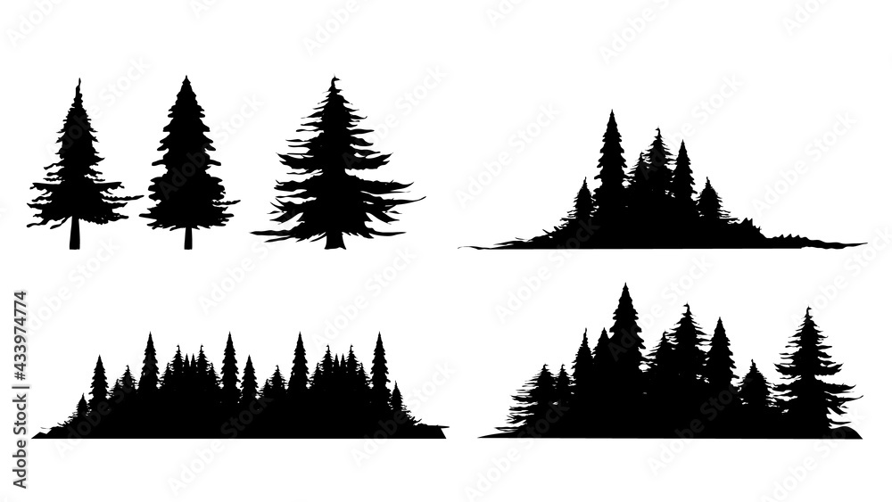 Set. Silhouette of pine tree , isolated on white background. Vector Illustration EPS 10 - obrazy, fototapety, plakaty 