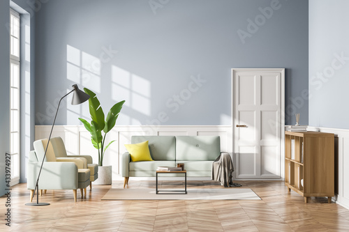 Living room interior with sofa, bookshelf wooden floor. Concept of cozy meeting reading place. Panoramic window. 3d rendering photo