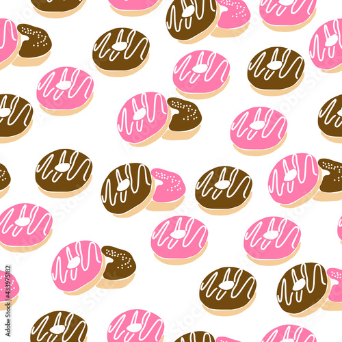 Bright pink and chocolate donuts seamless pattern on white background vector illustration