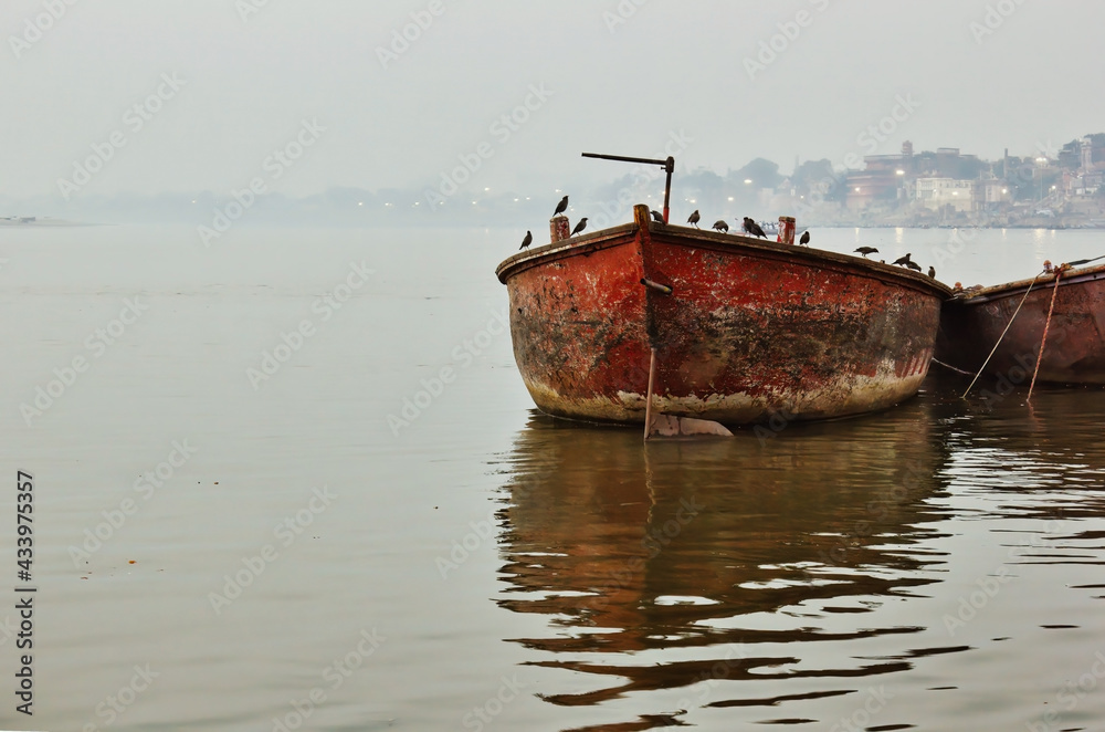 Bunch of birds sitting on a rusty old boat against mist foggy horizon in Varanasi located in a state of Uttar pradesh, India