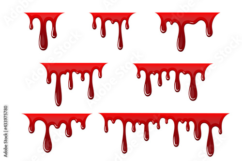 Blood drip 3d set. Halloween bloodstain isolated white background. Splatter stain. Horror drop flow. Red scare ink. Blot texture. Colorful splash. Stream bleeding. Flowing liquid Vector illustration
