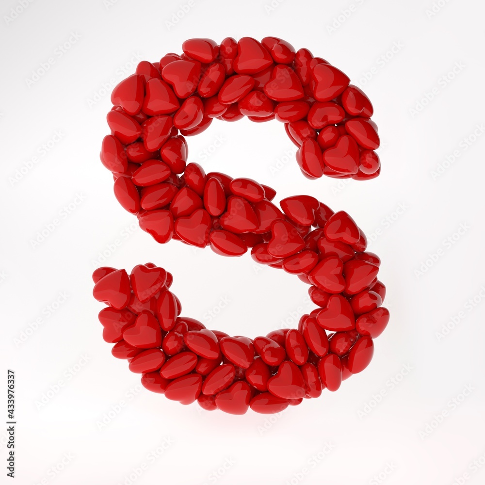 Red 3d english letter made of red hearts. English alphabet 3d rendering for valentine's day. Red 3d english letter made of red hearts. English alphabet 3d rendering for valentine's day.