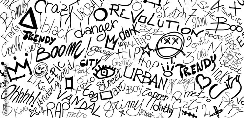 Graffiti symbol writing spray-ink-tag-splash-scribble. Street art. Modern hand draw grafiti style. Dirty artistic design elements and words. Underground. Grunge vector illustration photo