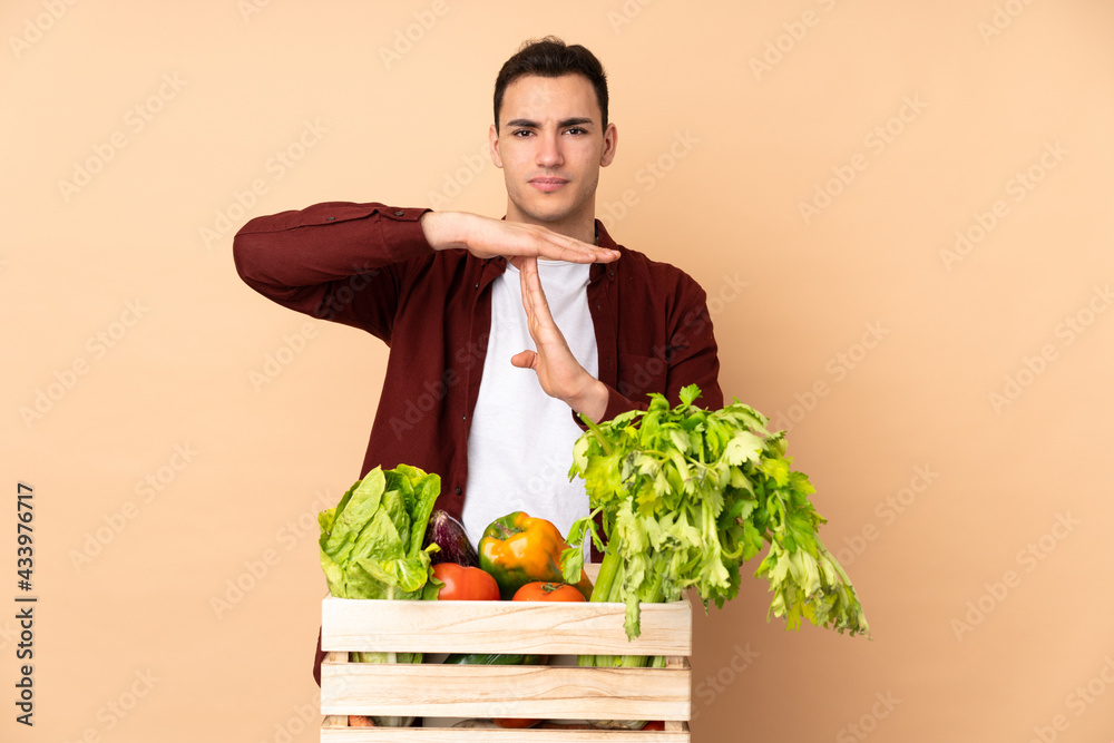 Farmer with freshly picked vegetables in a box isolated on beige background making time out gesture Farmer with freshly picked vegetables in a box isolated on beige background making time out gesture