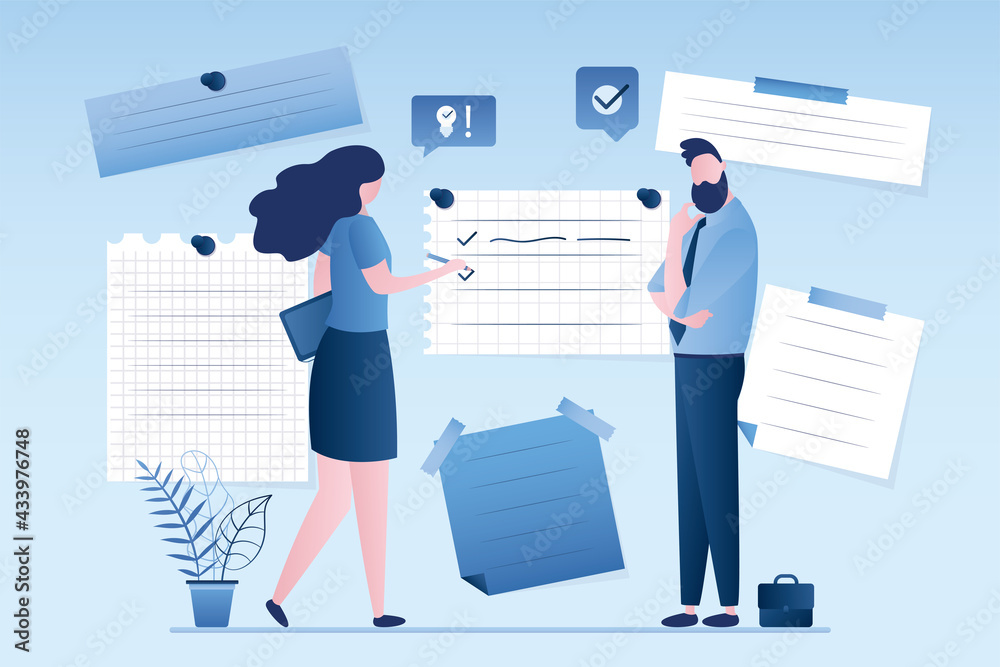 Female employee adds new note. Business team planning office day. Scheduling, meeting reminders. Blank sheets for notes. Female employee adds new note. Business team planning office day. Scheduling, meeting reminders. Blank sheets for notes.