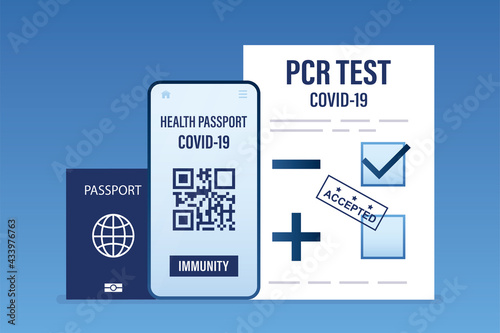 Foreign and health passports. Negative PCR test for coronavirus. Stamp on paper - accepted. New normal for trips, communication. Control technology.