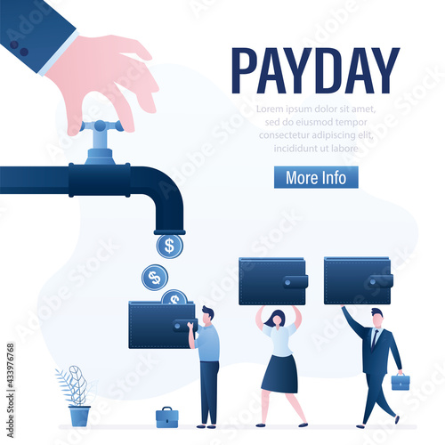 Hand opened tap, coins fall from pipe. Payday, concept banner. Group of various employees with empty wallets. Salary, money payment day.