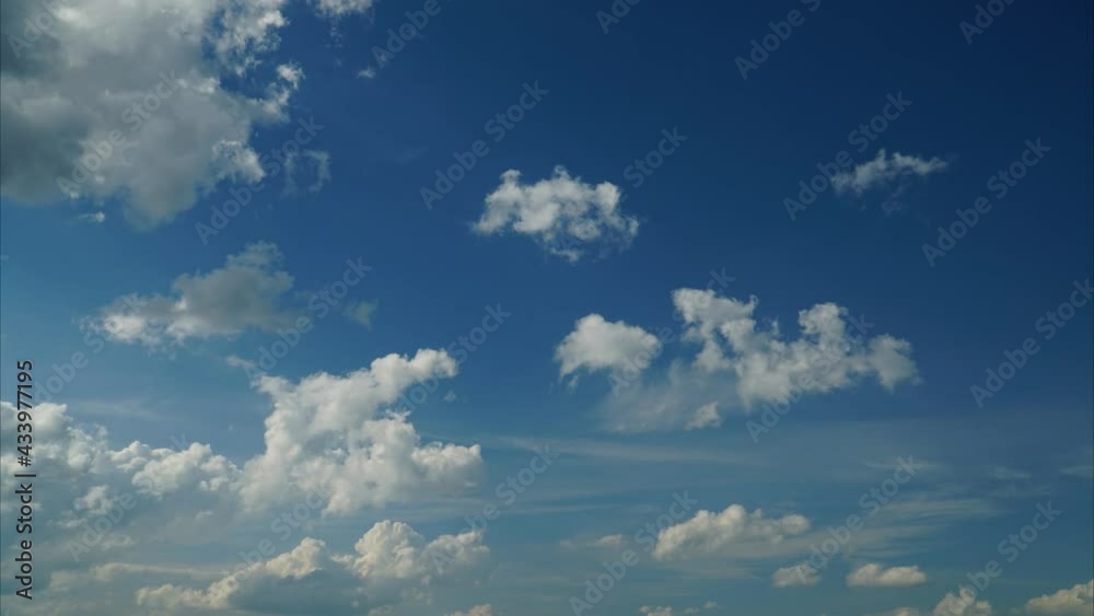 Time-lapse of the floating clouds on a sunny blue sky. Cumulus formation scene in a fast movement motion landscape. Bright heaven background. High-quality 4K footage video.
