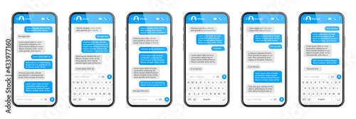 Realistic smartphone with messaging app. SMS text frame. Messenger chat screen with blue message bubbles and placeholder text. Social media application. Vector illustration.