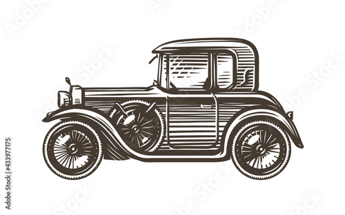Retro car drawing in sketch style, side view. Vintage transport vector illustration