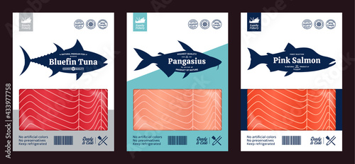 Vector fish flat style packaging design. Pink salmon, pangasius and tuna fish silhouettes