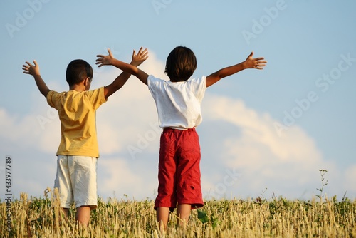 Two kids standing on meadow with arms up in air