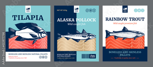Vector fish flat style packaging design. Reinbow trout, Alaska pollock and tilapia fish illustrations