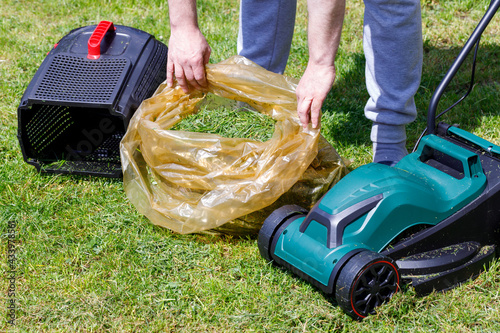 emptying the mowed grass from the mower basket into the bag