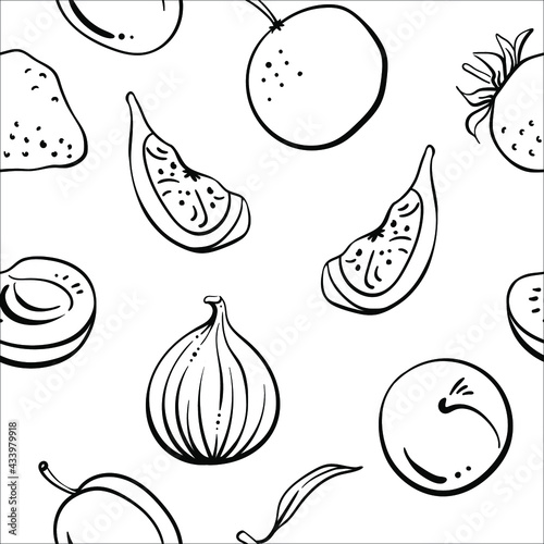 Seamless pattern with fruits and berries in black line sketchy style isolated on white background. Doodle hand drawn vector illustration