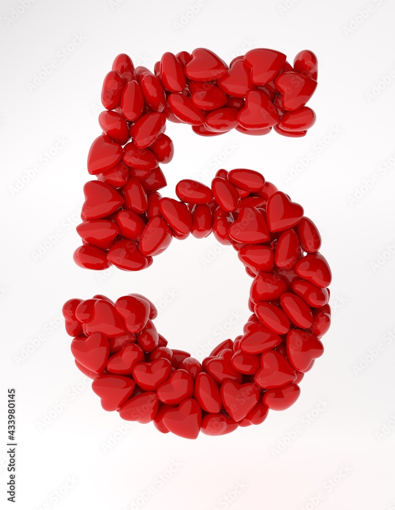 Obraz premium Red 3d number 5 made of red hearts. 3d rendering numbers for valentine's day.