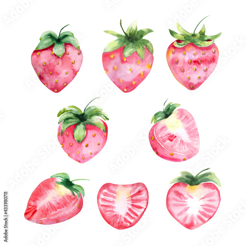 Fototapeta Naklejka Na Ścianę i Meble -  Watercolor illustration. A set of ripe strawberries, whole berries and halves.