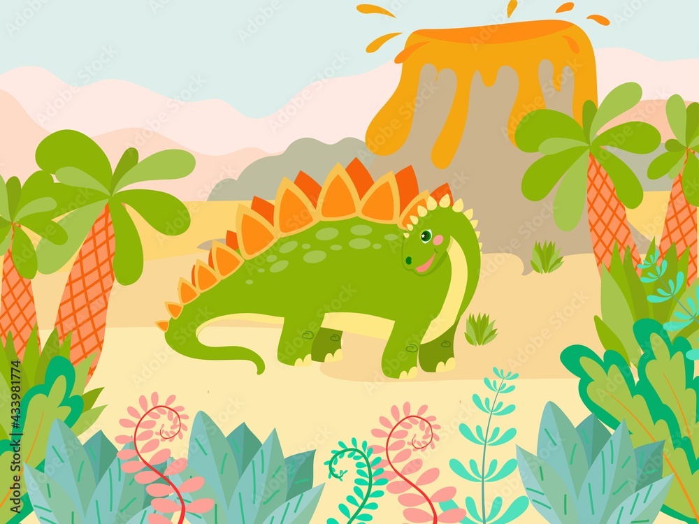 Obraz premium Set of cute dinosaurs on the background of nature in cartoon style. Bright childish drawing with animals. Vector illustration isolated on white background.