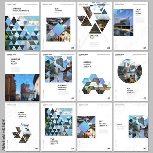 A4 brochure layout of covers design template with triangles, triangular pattern for flyer leaflet, A4 brochure design, report, presentation, magazine cover, book design.Background with place for photo