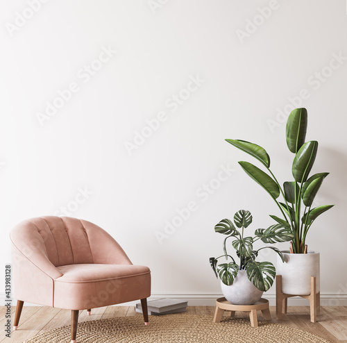 Pink armchair and green plants bright modern room on minimal empty background, wall mockup, 3d render
