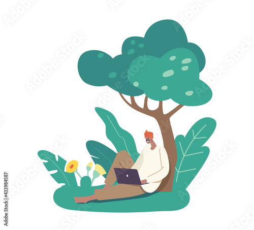 Indian Farmer Character in Traditional Clothes Relax after Work on Field Sitting under Tree with Laptop in Hands, Rural Man