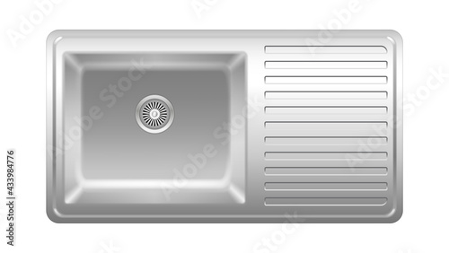 Realistic kitchen sink, top view. Steel stainless appliance for household and dish wash at home