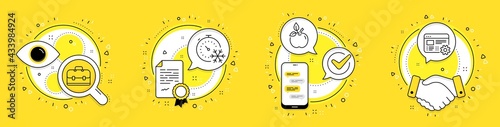 Portfolio, Eco food and Freezing timer line icons set. Licence, cell phone and deal vector icons. Web settings sign. Business case, Organic tested, Air conditioning. Engineering tool. Vector