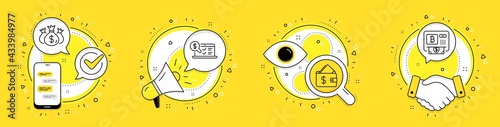 Wallet, Check investment and Online accounting line icons set. Cell phone, megaphone and deal vector icons. Bitcoin atm sign. Affordability, Business report, Web audit. Cryptocurrency change. Vector