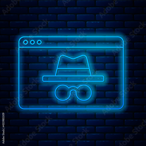 Glowing neon line Browser incognito window icon isolated on brick wall background. Vector